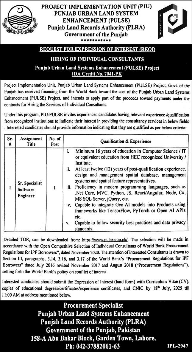 Punjab Land Record Authority Lahore Tender Notice